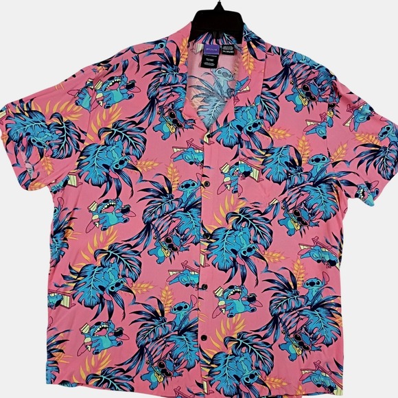 Disney Other - Disney Stitch Button Up Shirt Men 3XL Pink Tropical Lilo & Stitch Hawaiian Rayon